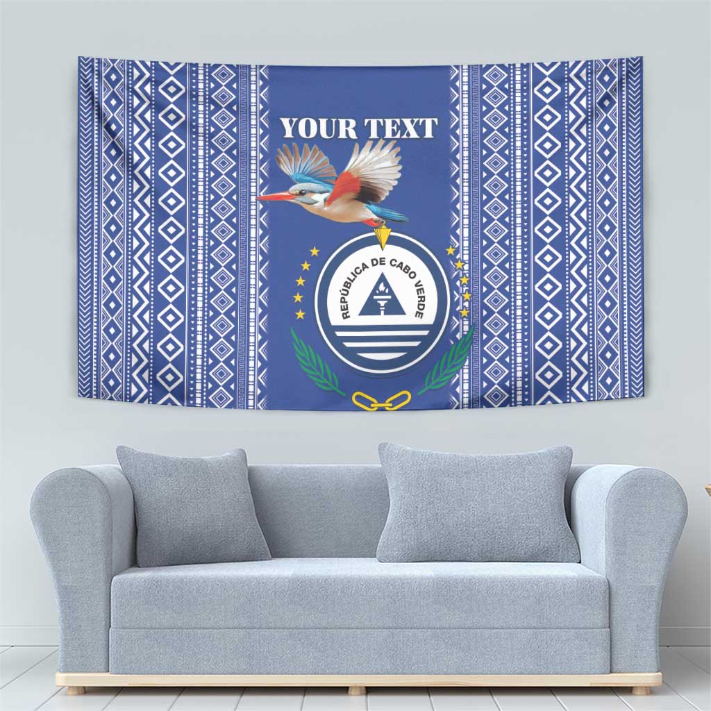 Personalised Cape Verde tapestry wall hanging, blue with striped geometric border and crest