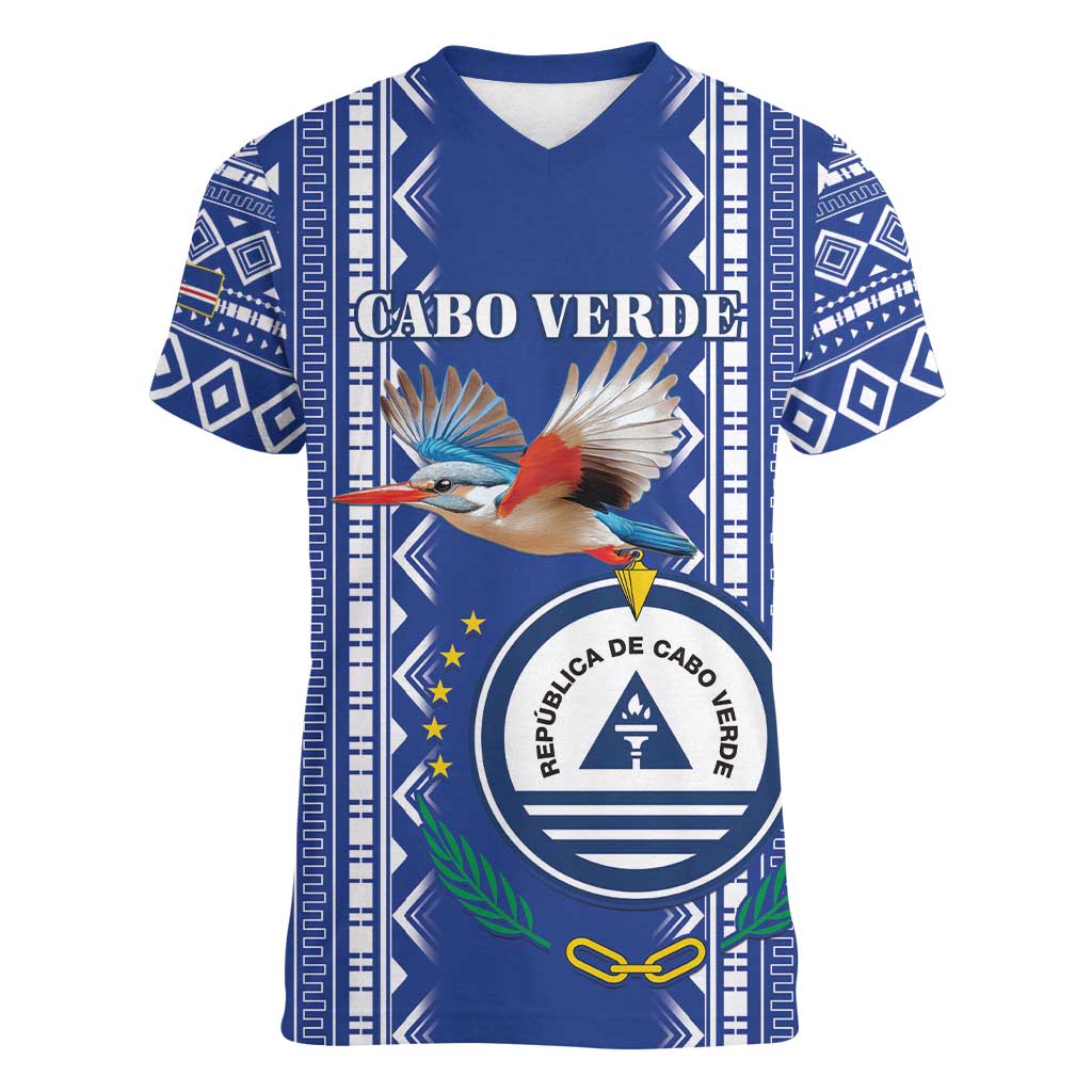 Personalised Cape Verde Women V-Neck T-Shirt Grey Headed Kingfisher - Coat Of Arms - Wonder Print Shop