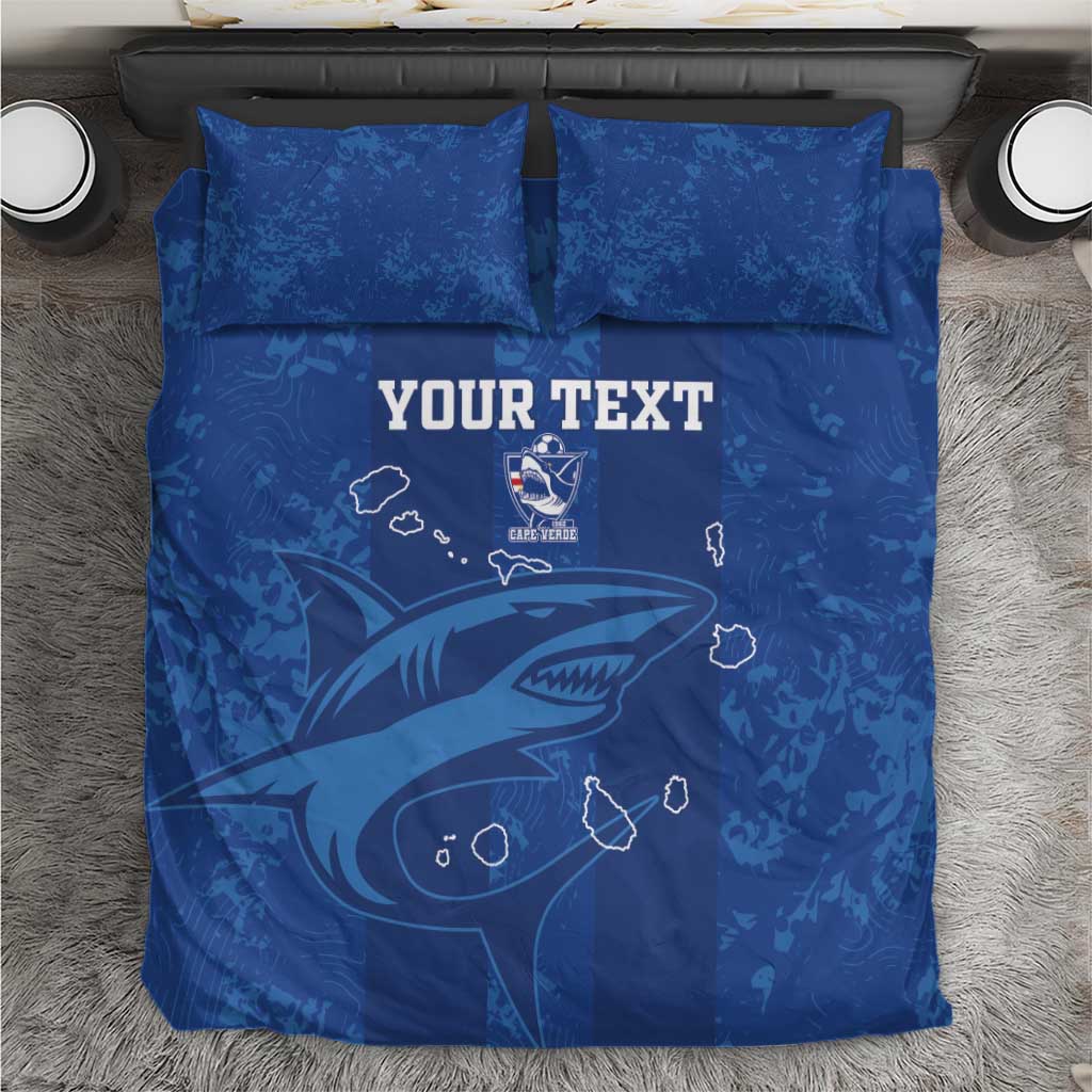 Blue duvet cover with two matching pillowcases, 'YOUR TEXT' and team emblem graphic