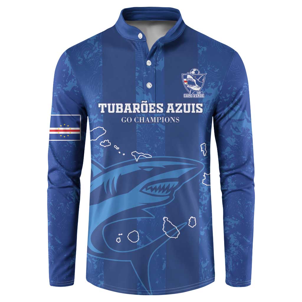 Blue long-sleeve button polo sweatshirt with team logo and 'GO CHAMPIONS' graphic