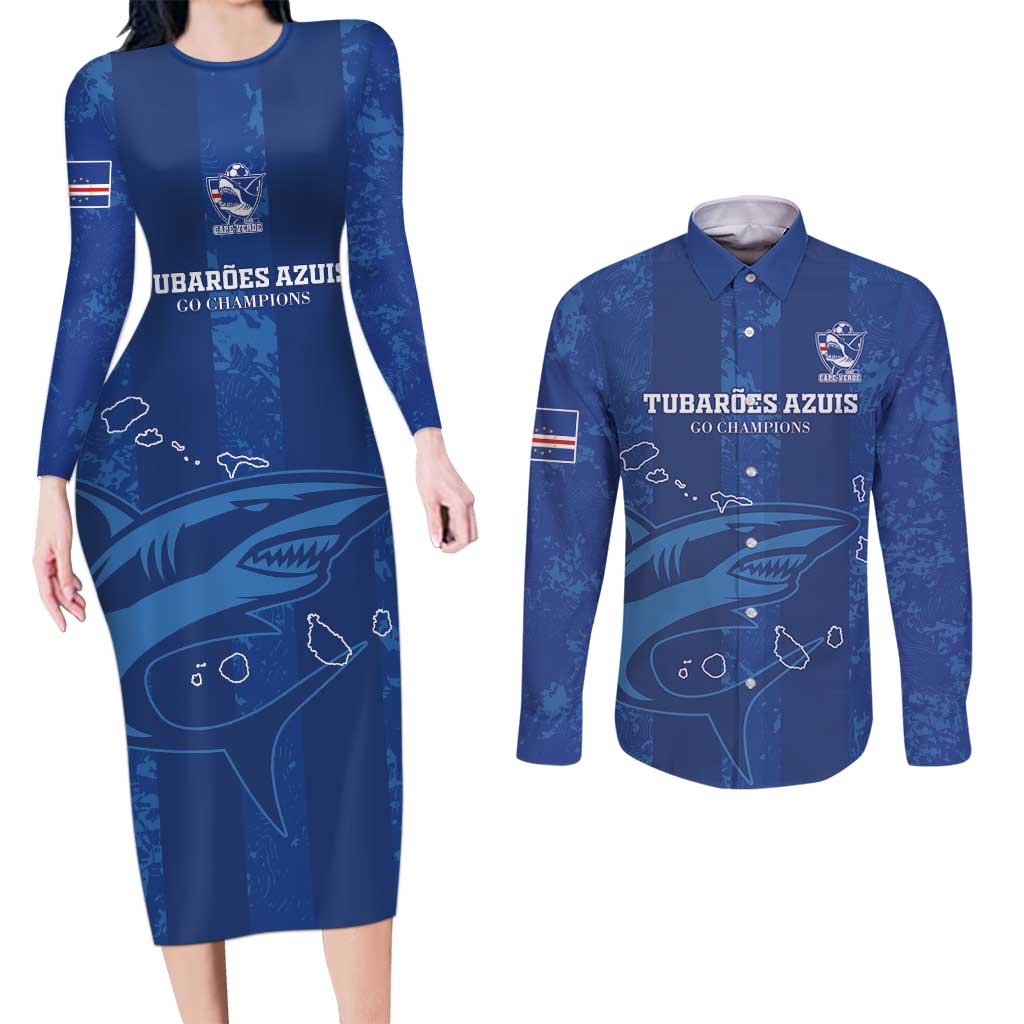 Custom Cape Verde Football Couples Matching Long Sleeve Bodycon Dress and Long Sleeve Button Shirt Go Champions Tubaroes Azuis - Wonder Print Shop