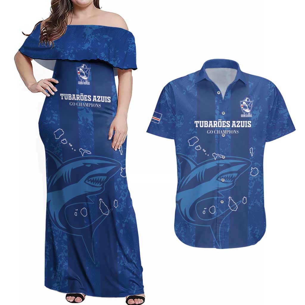 Custom Cape Verde Football Couples Matching Off Shoulder Maxi Dress and Hawaiian Shirt Go Champions Tubaroes Azuis - Wonder Print Shop