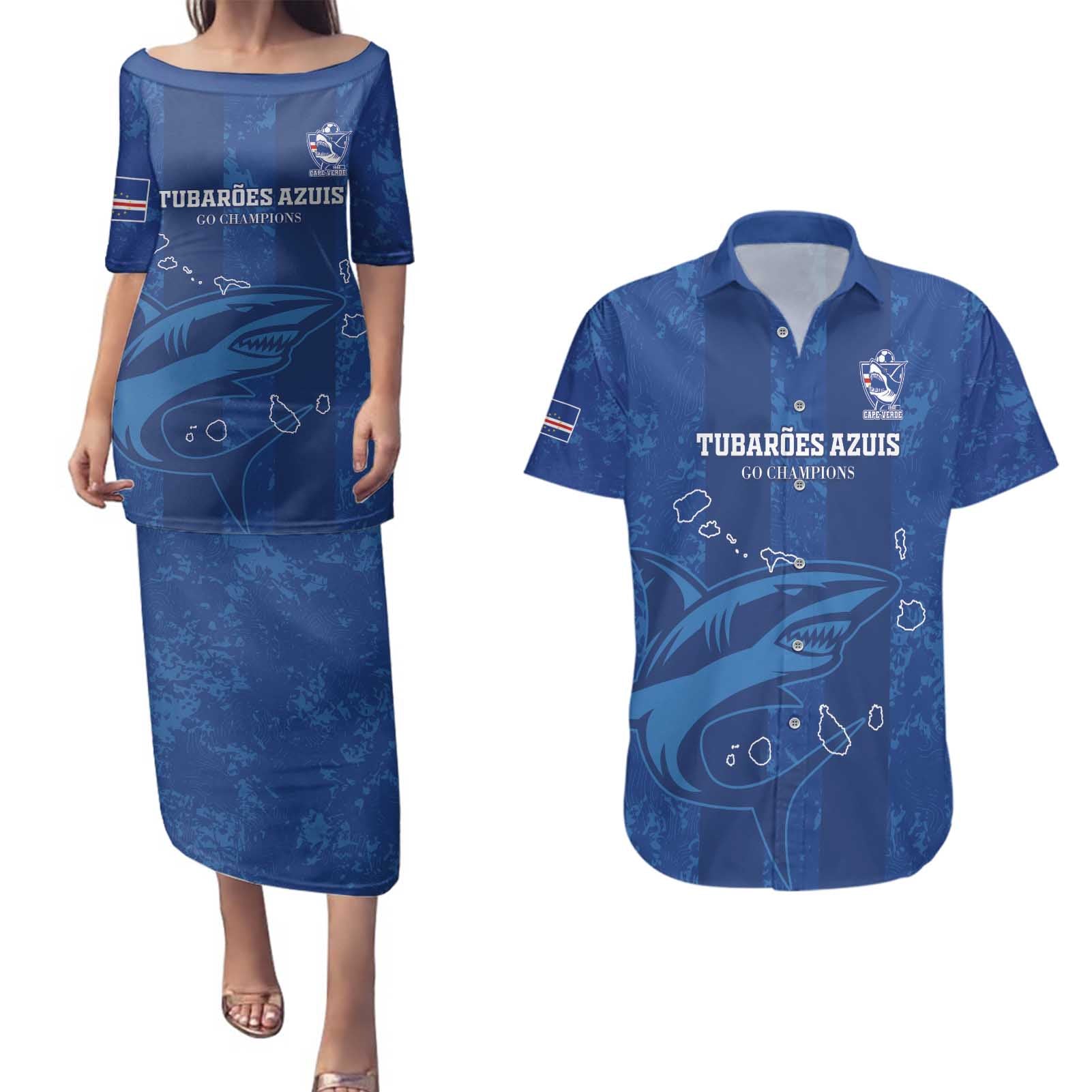 Custom Cape Verde Football Couples Matching Puletasi and Hawaiian Shirt Go Champions Tubaroes Azuis - Wonder Print Shop