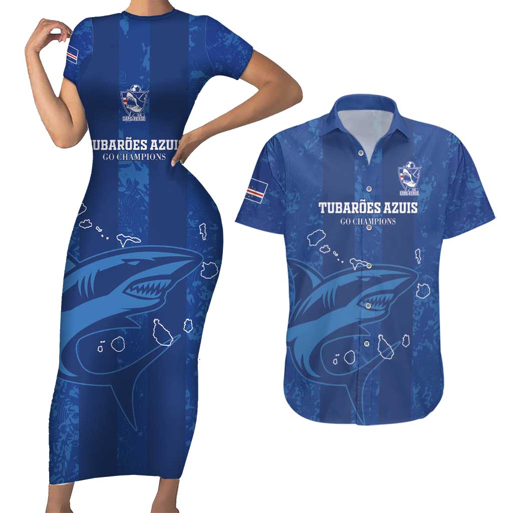 Custom Cape Verde Football Couples Matching Short Sleeve Bodycon Dress and Hawaiian Shirt Go Champions Tubaroes Azuis - Wonder Print Shop