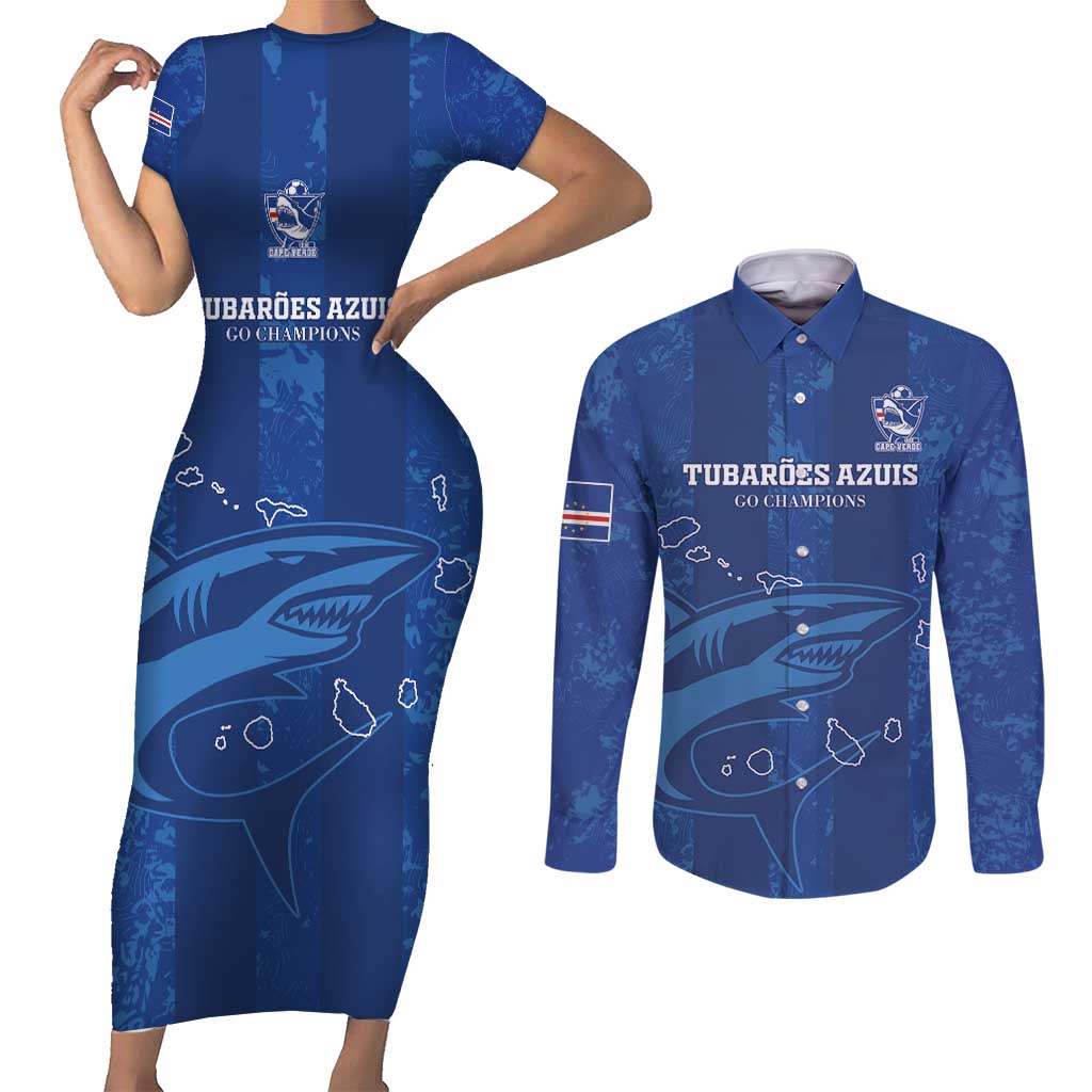 Custom Cape Verde Football Couples Matching Short Sleeve Bodycon Dress and Long Sleeve Button Shirt Go Champions Tubaroes Azuis - Wonder Print Shop