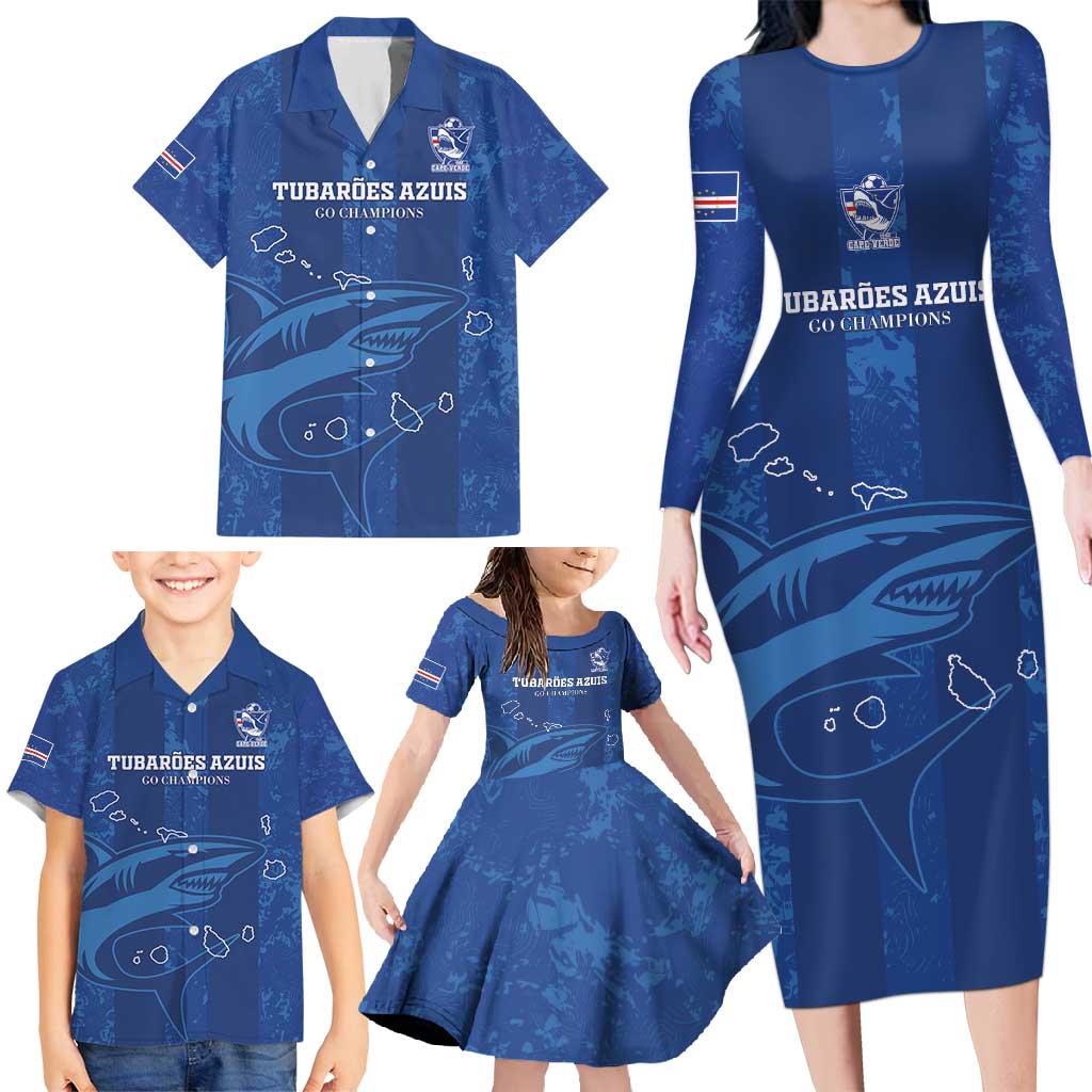 Custom Cape Verde Football Family Matching Long Sleeve Bodycon Dress and Hawaiian Shirt Go Champions Tubaroes Azuis - Wonder Print Shop