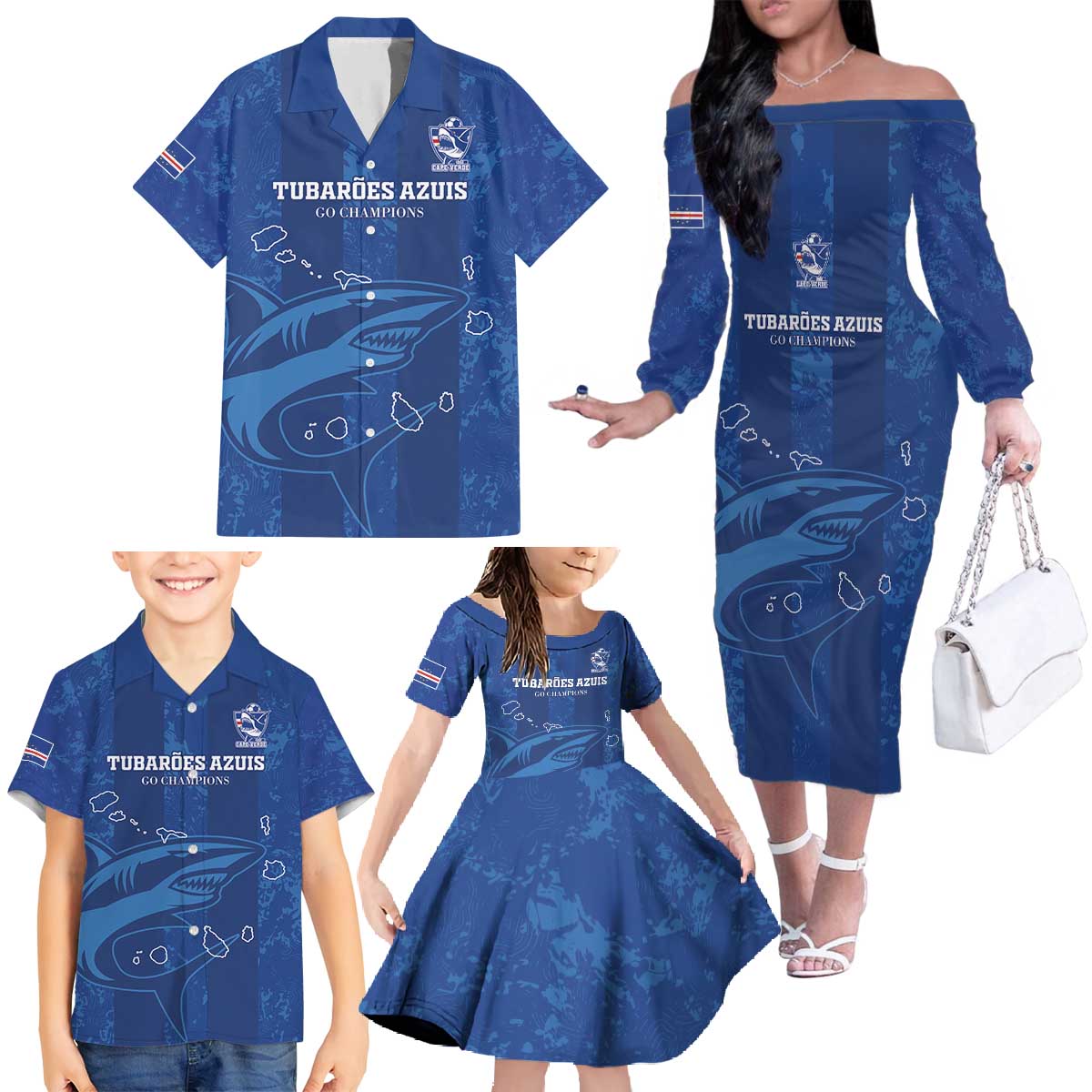 Custom Cape Verde Football Family Matching Off The Shoulder Long Sleeve Dress and Hawaiian Shirt Go Champions Tubaroes Azuis - Wonder Print Shop