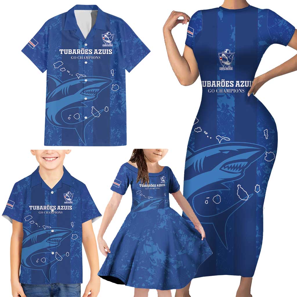 Custom Cape Verde Football Family Matching Short Sleeve Bodycon Dress and Hawaiian Shirt Go Champions Tubaroes Azuis - Wonder Print Shop