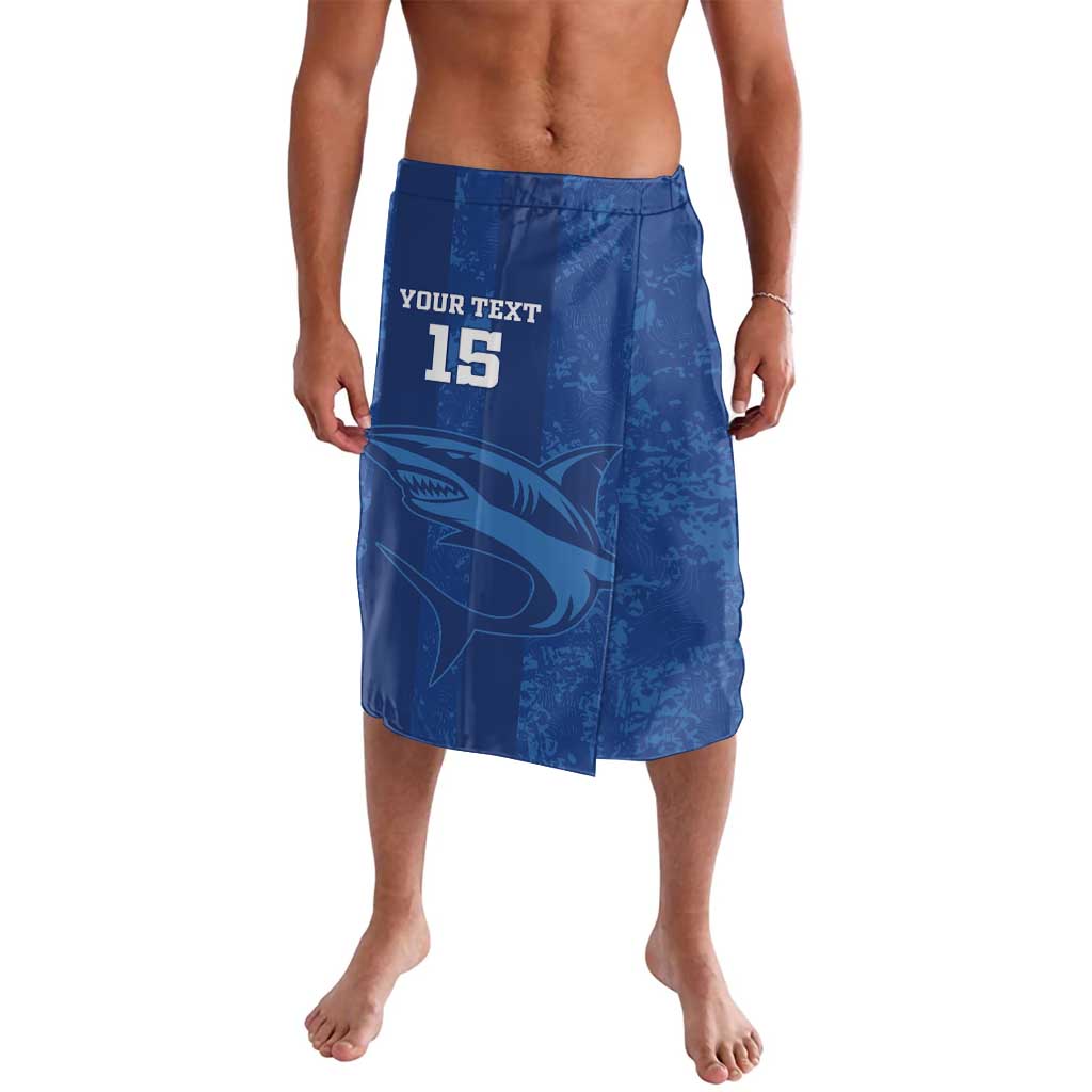 Blue graphic football-style lavalava/shorts with elastic waistband and number 15 print