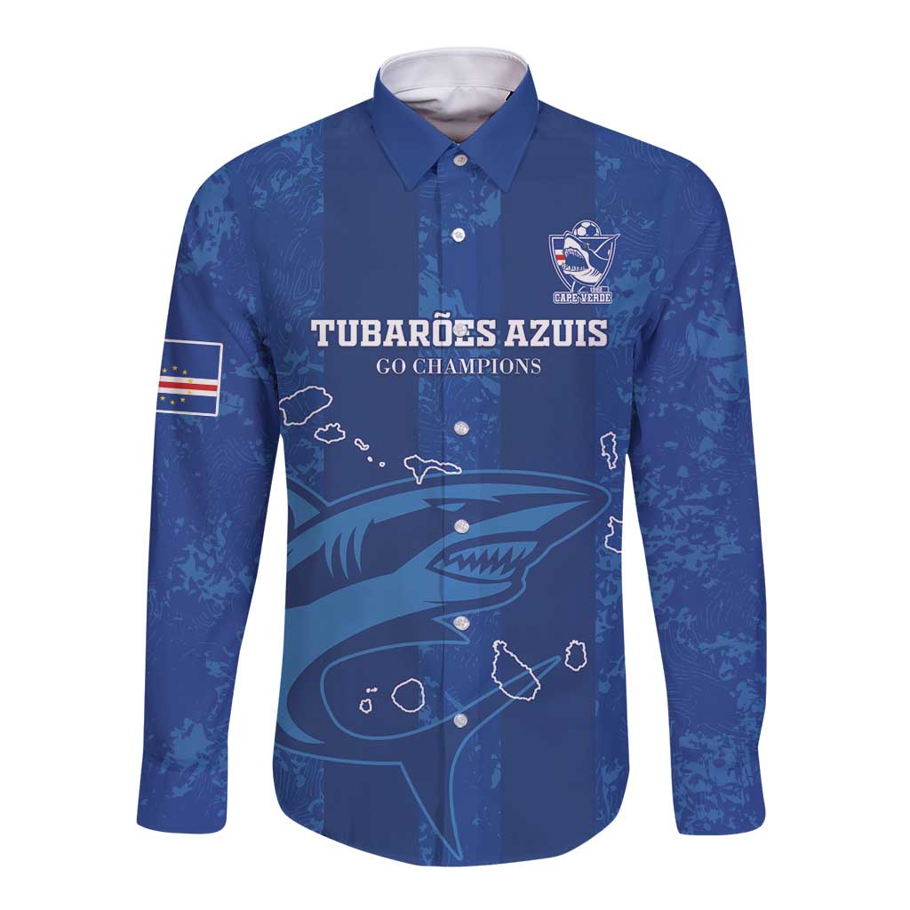 Blue long-sleeve button football shirt with front crest and shark graphic