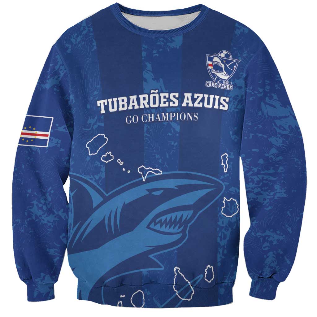 Blue unisex crewneck sweatshirt with shark graphic and Cape Verde crest