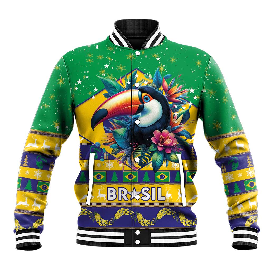 Green baseball jacket with ribbed striped collar, toucan print and BRASIL graphic on front