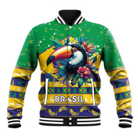 Green baseball jacket with ribbed striped collar, toucan print and BRASIL graphic on front