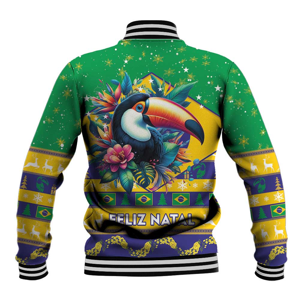 Green baseball jacket with ribbed striped collar, toucan-and-floral print on back panel