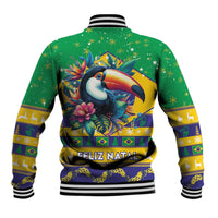 Green baseball jacket with ribbed striped collar, toucan-and-floral print on back panel