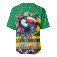 Green Brazil Christmas baseball jersey with toucan graphic and 'FELIZ NATAL' text hem