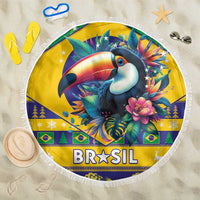 Round beach blanket featuring toucan illustration and BRASIL text with white fringe border