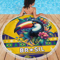 Round beach blanket with toucan graphic, Brazil text, and white fringe edge