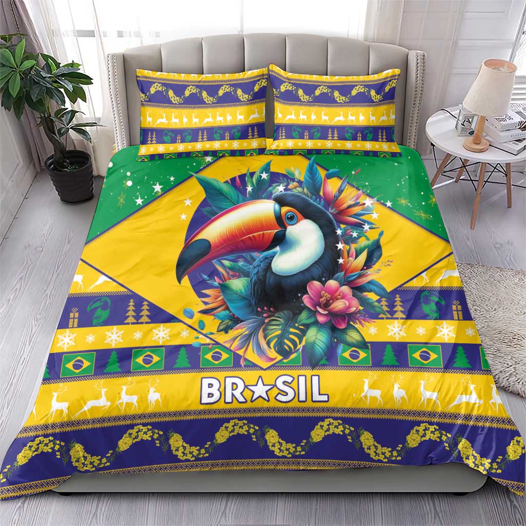 Brazil toucan Christmas bedding set with green and yellow duvet, pillows, and “BRASIL”