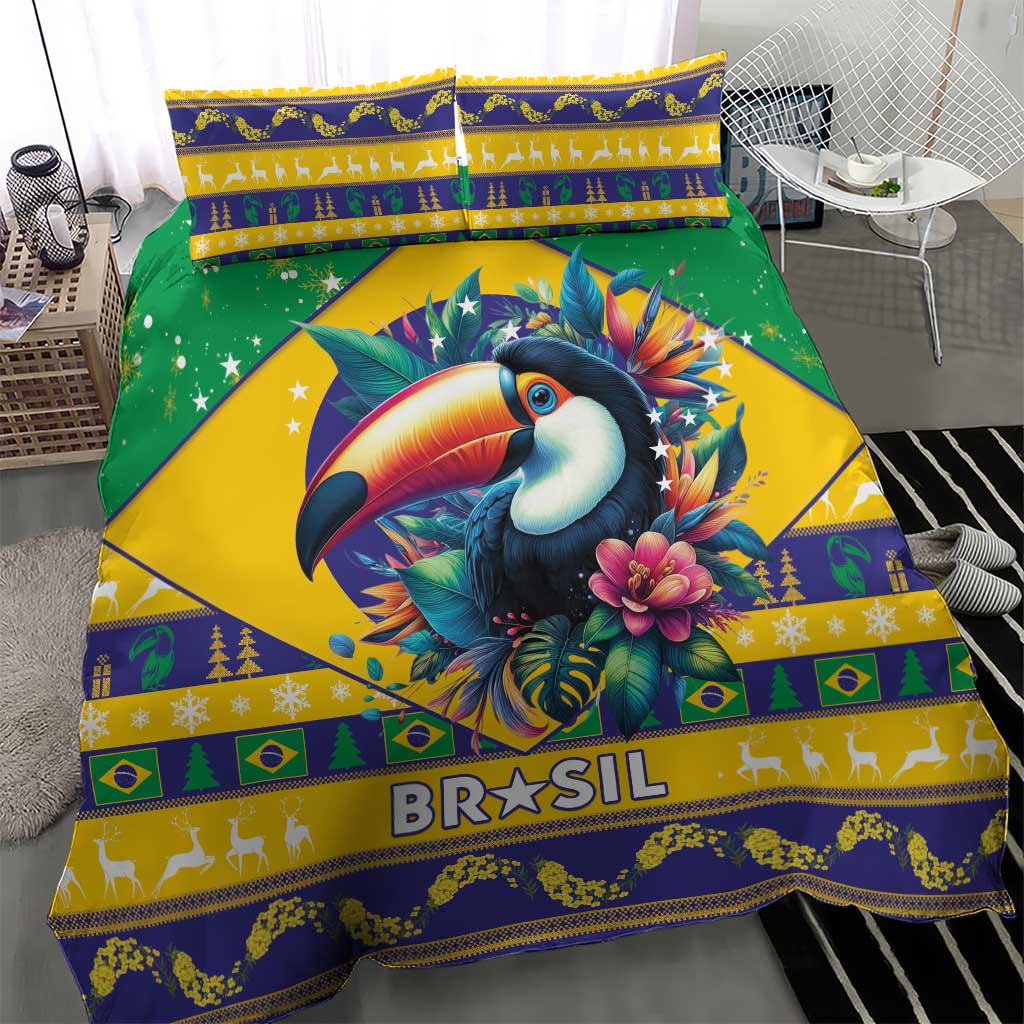 Brazil Christmas bedding set with toucan center design, green border, and “BRASIL”