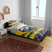 Brazil bedding set on bed: toucan duvet with green and yellow trim and “BRASIL”