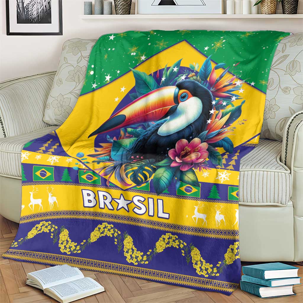 Green Brazil Christmas blanket on striped chair, toucan and 'BRASIL' graphic with blue trim.