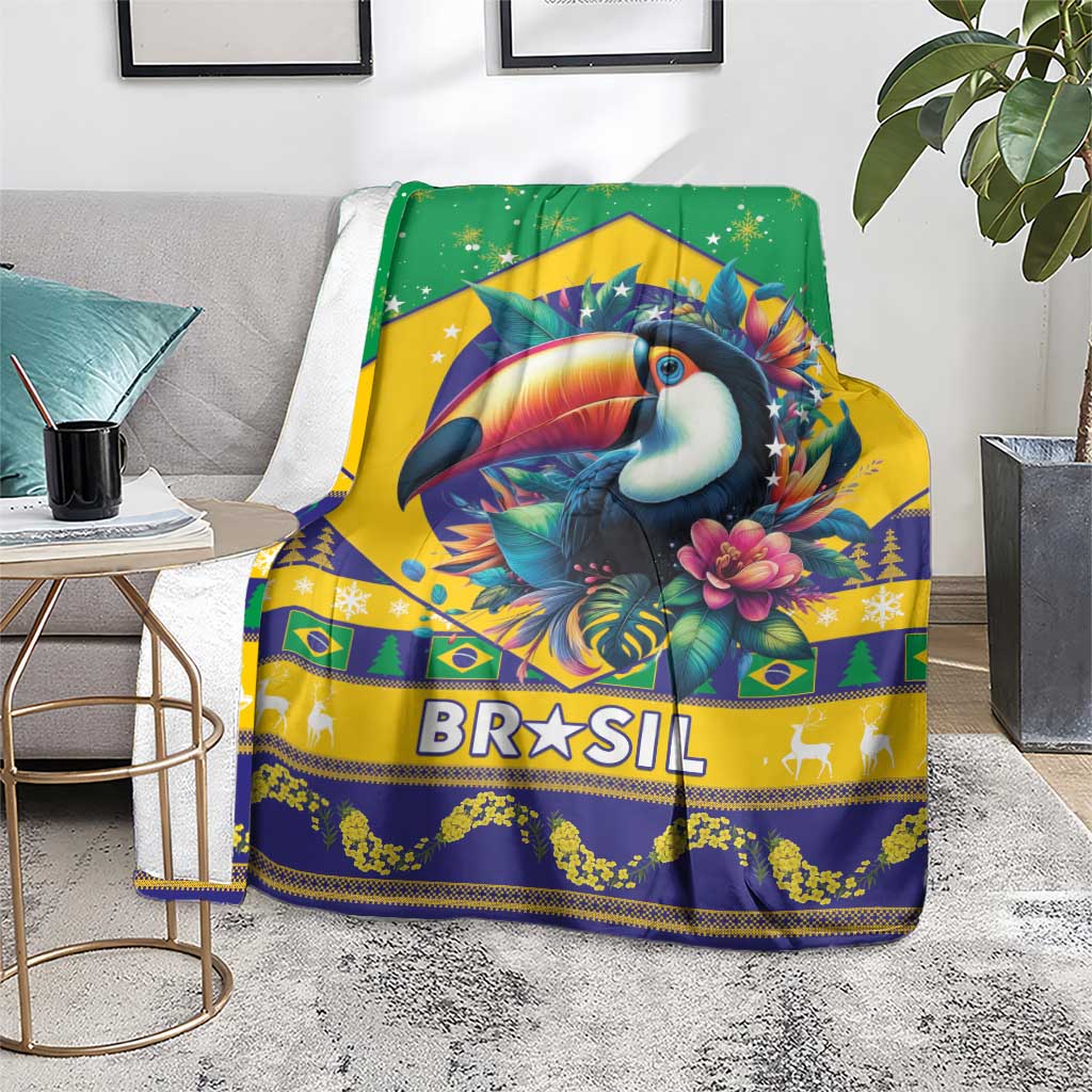 Green Brazil Christmas blanket draped on sofa, featuring toucan artwork and 'BRASIL'.