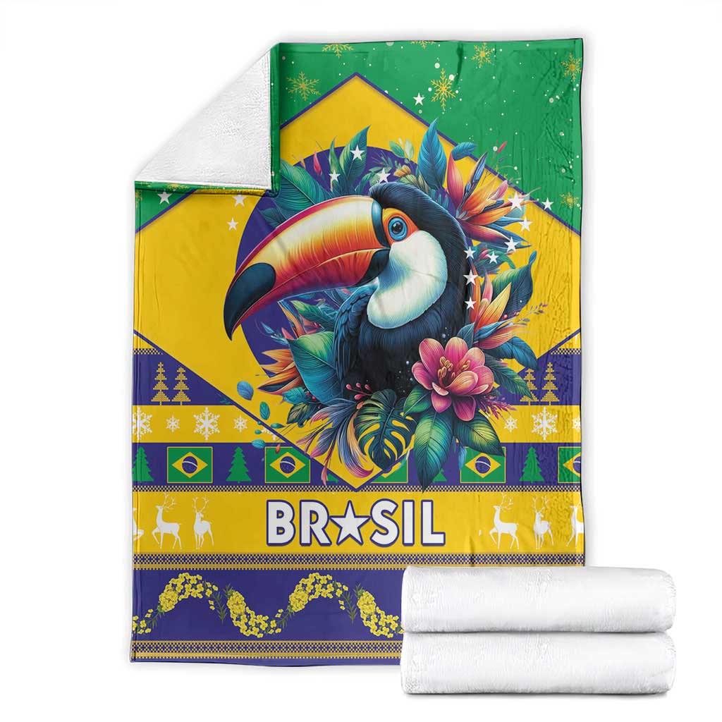 Green Brazil Christmas blanket with toucan graphic and 'BRASIL' text, folded.
