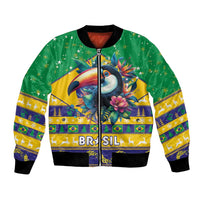 Green unisex bomber jacket with toucan art, full front zipper, ribbed cuffs and hem