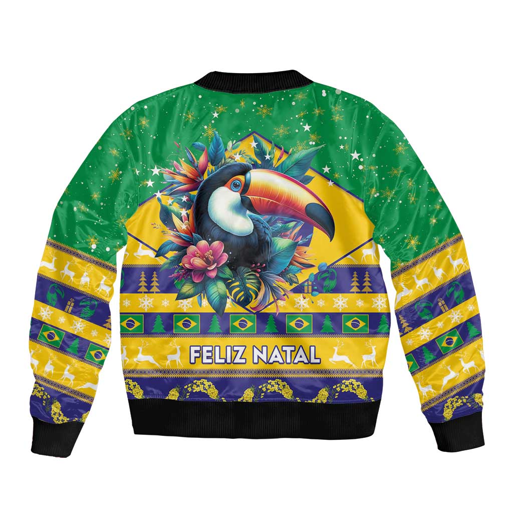 Green unisex bomber jacket with toucan art, Brazil festive pattern, ribbed collar and hem