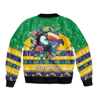 Green unisex bomber jacket with toucan art, Brazil festive pattern, ribbed collar and hem