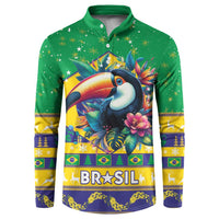Green button sweatshirt with toucan and BRASIL print, Brazil flag pattern