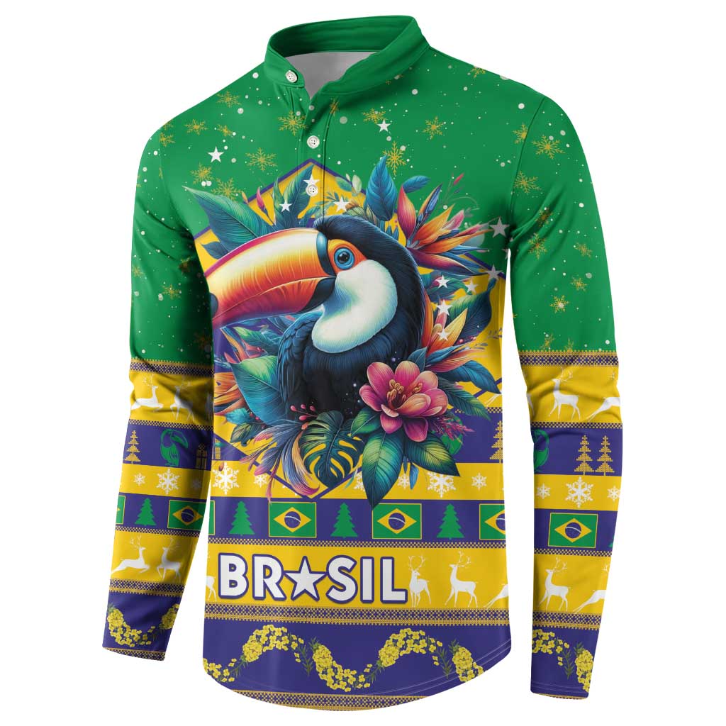 Green button sweatshirt front with toucan, tropical flowers, BRASIL lettering