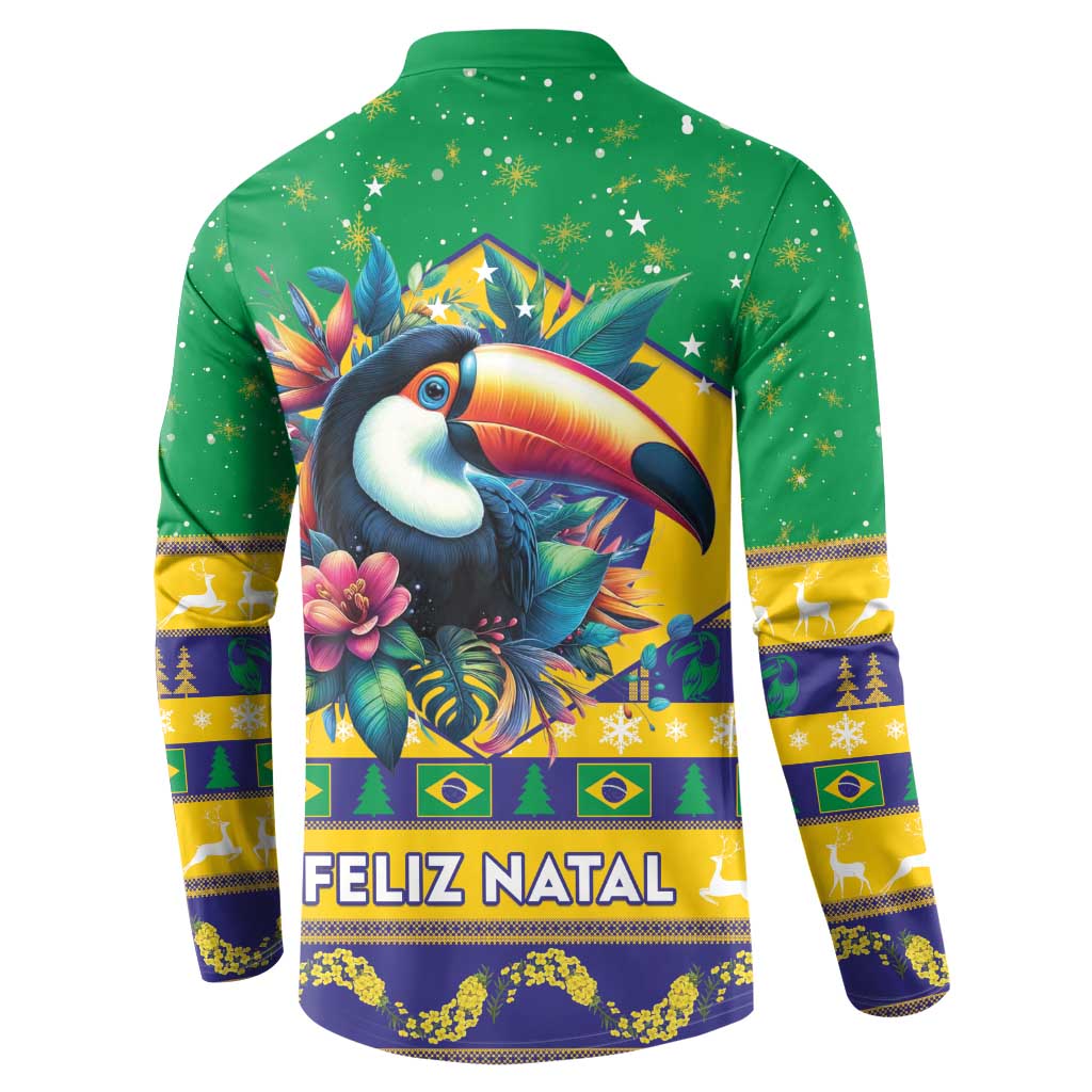 Green button sweatshirt back with toucan and Feliz Natal text, festive stars