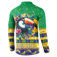 Green button sweatshirt back with toucan and Feliz Natal text, festive stars