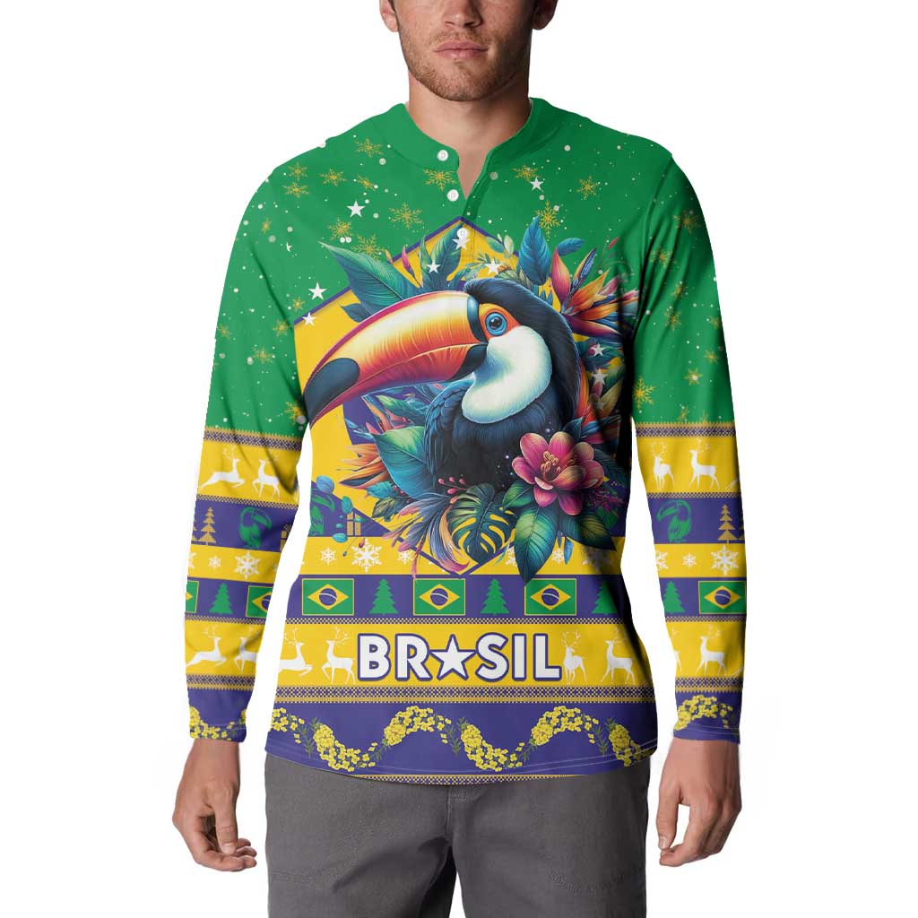 Green button sweatshirt worn by model, toucan graphic with BRASIL text