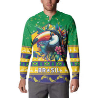 Green button sweatshirt worn by model, toucan graphic with BRASIL text