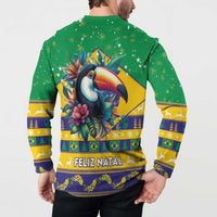 Green button sweatshirt back worn by model, toucan and Feliz Natal print