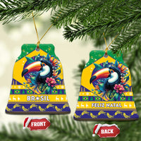 Bell-shaped ceramic Christmas ornament, green and yellow with toucan and Brasil text.