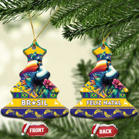 Tree-shaped ceramic Christmas ornament, green and yellow with toucan and Feliz Natal text.
