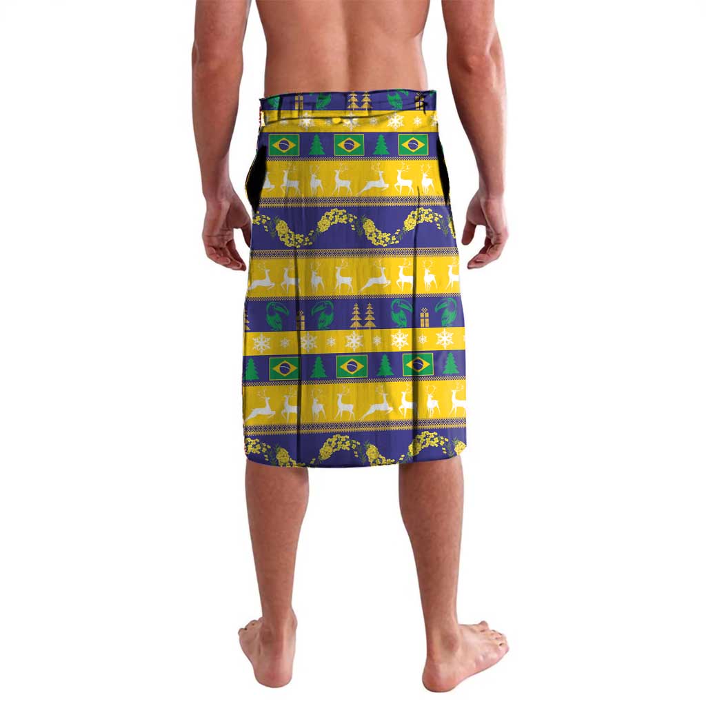 Green tropical Christmas lavalava shorts with striped Brazil flag pattern and motifs