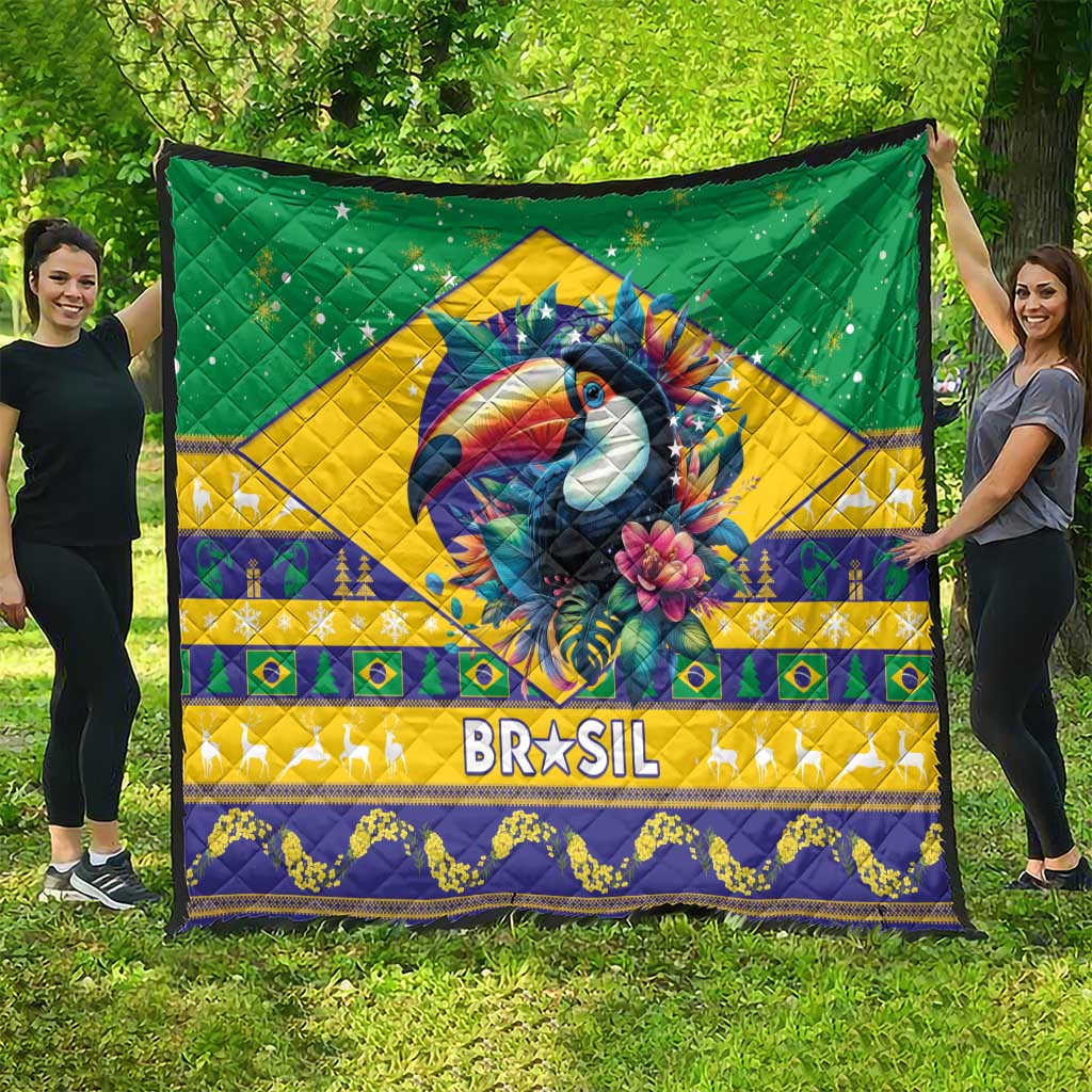Brazil Christmas quilt held outdoors: green field, yellow diamond, toucan, “BRASIL”