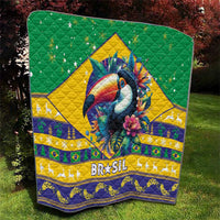 Brazil Christmas quilt standing on grass with toucan centerpiece and “BRASIL”