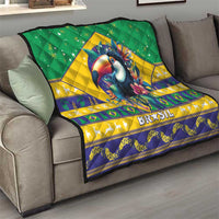 Brazil Christmas quilt on sofa with toucan design, green top, and “BRASIL”