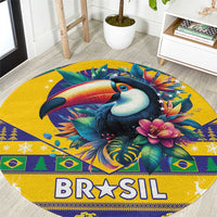 Round yellow area rug with toucan artwork and “BR★SIL” text
