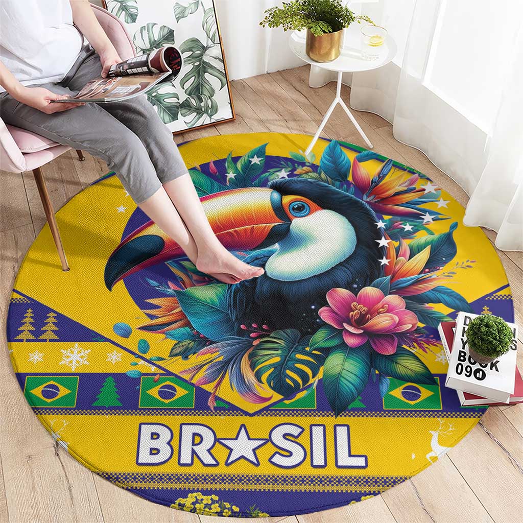 Round toucan rug with stars, flags, and “BR★SIL” lettering; visible on floor