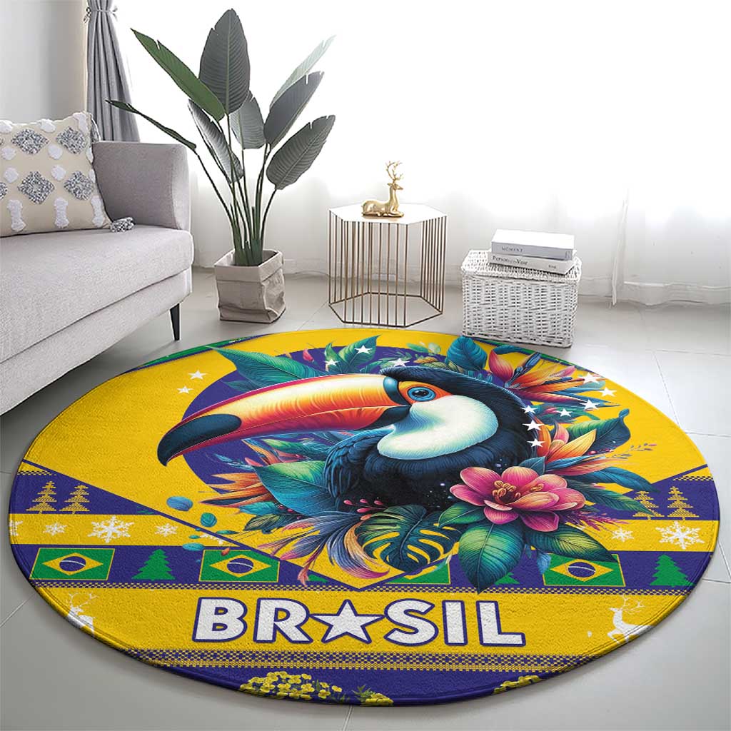 Round Brazil-themed toucan rug on the floor with “BR★SIL” lettering