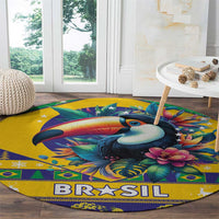 Round yellow rug featuring a toucan, floral accents, and “BR★SIL” text