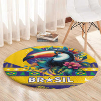 Round yellow Brazil-style rug with toucan graphic and “BR★SIL” lettering