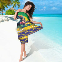 Green Brazil sarong wrap with toucan artwork and 'BRASIL' band